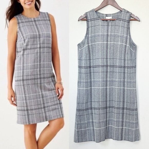 J JILL Ponte Gray Plaid Soft Knit Shift Dress S Side Pockets Preppy Sleeveless - Picture 3 of 13